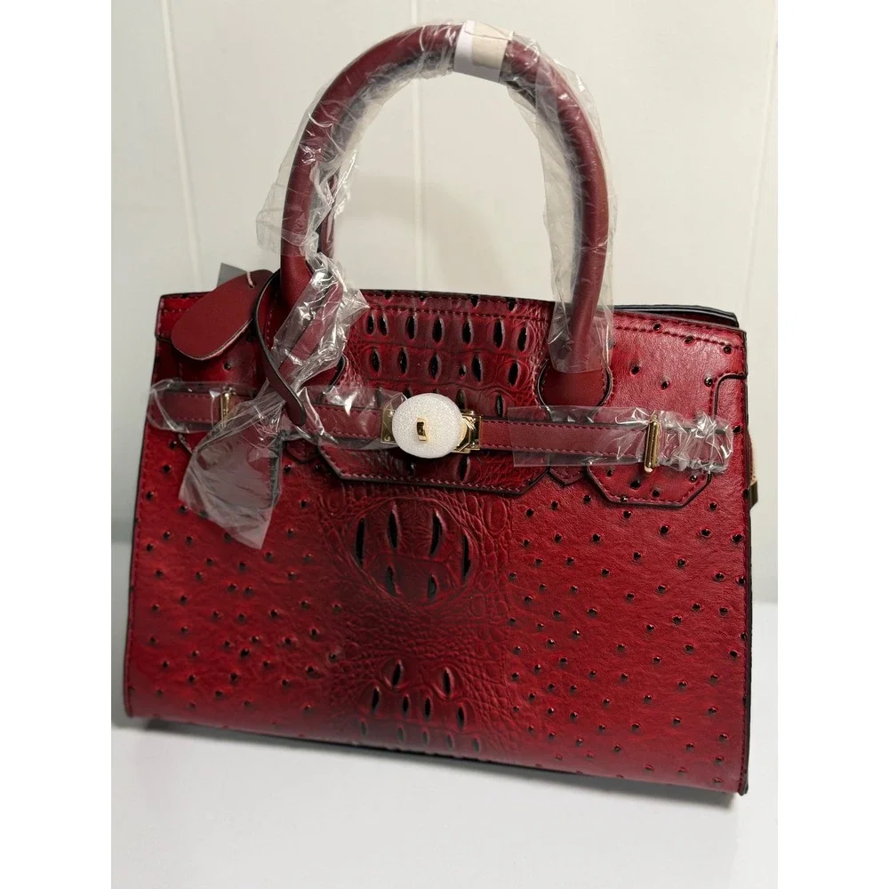 Mellow World Satchel Bag Red Ostrich Croc Embossed Vegan‎ Leather Top Handle New